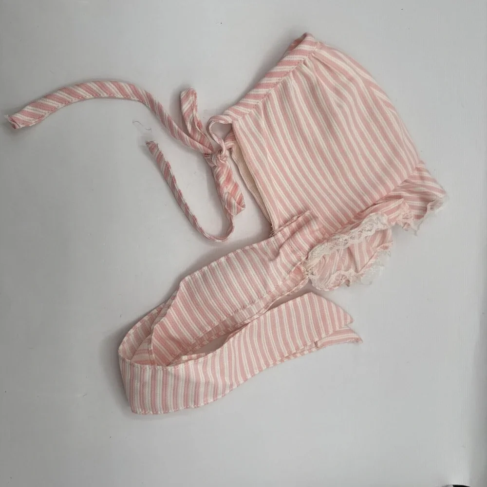 Vintage Baby Bonnet Pink White Cotton Stripe Adjustable Ribbon‎